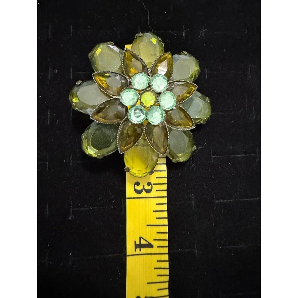 Large Statement Flower Brooch Green Faceted Stones Vintage Style Floral Pin